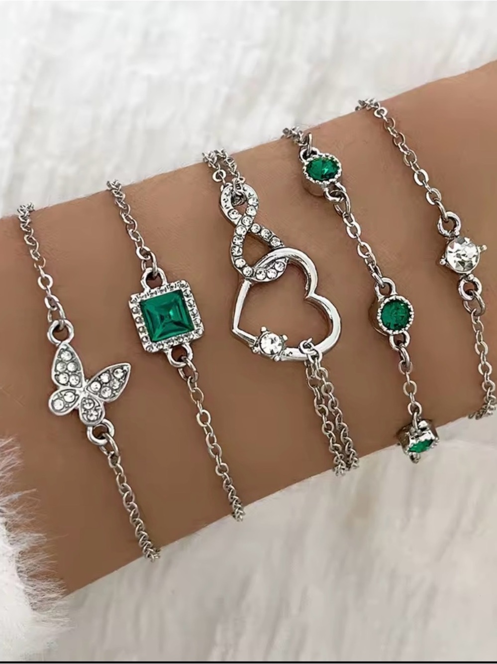 5pc Elegant Silver tone  and Green Bracelet Set